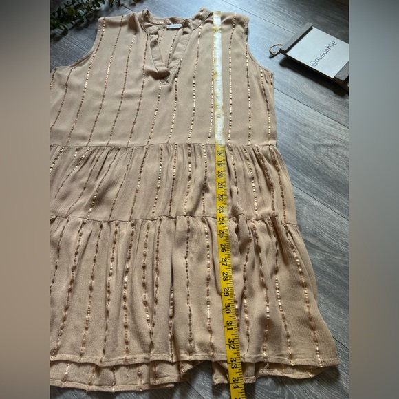 Salty Lemon Gold Sequin Gauzy Sleeveless Swing Mini Dress in Tan. Size L - Picture 10 of 10